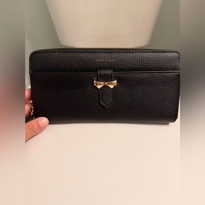 Anne Klein Black Pebbled Leather Wallet with Gold Bow Accent